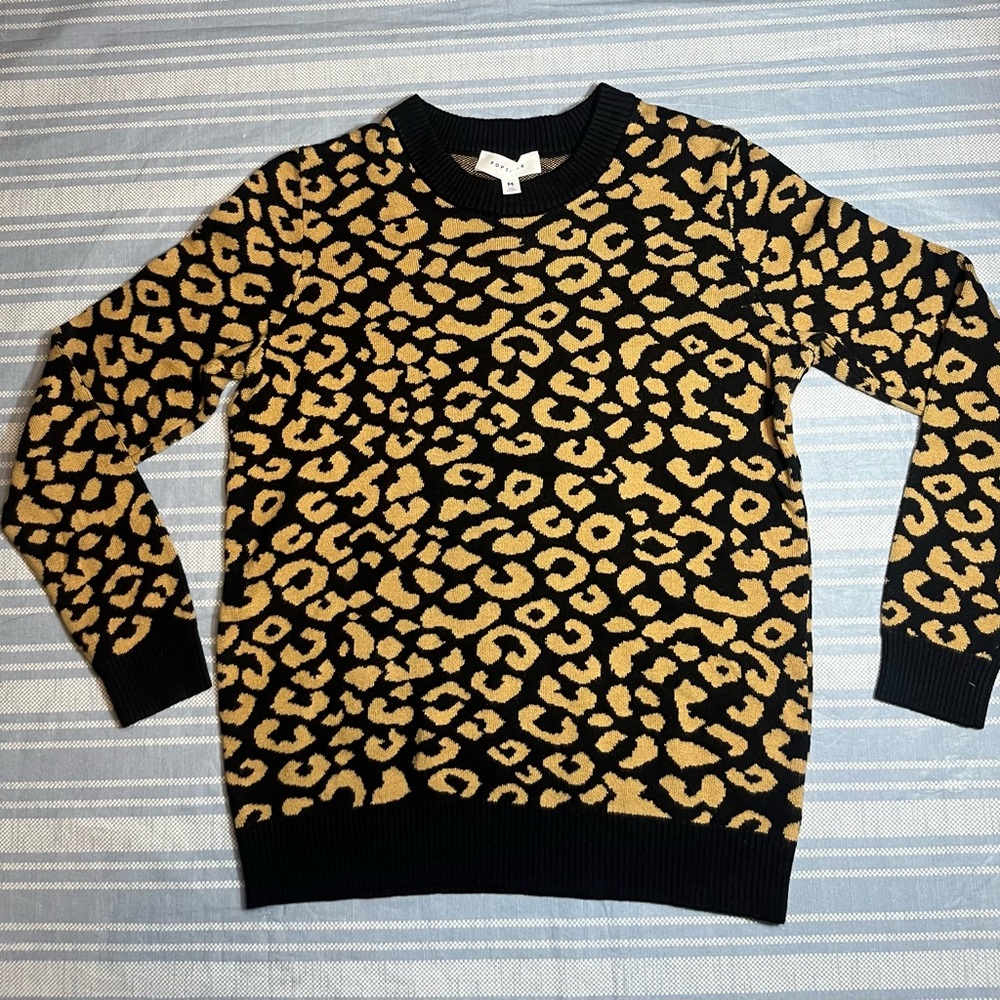 Popsugar Womens Black Leopard AnimalPrint Crewneck Long Sleeve SweaterMedium